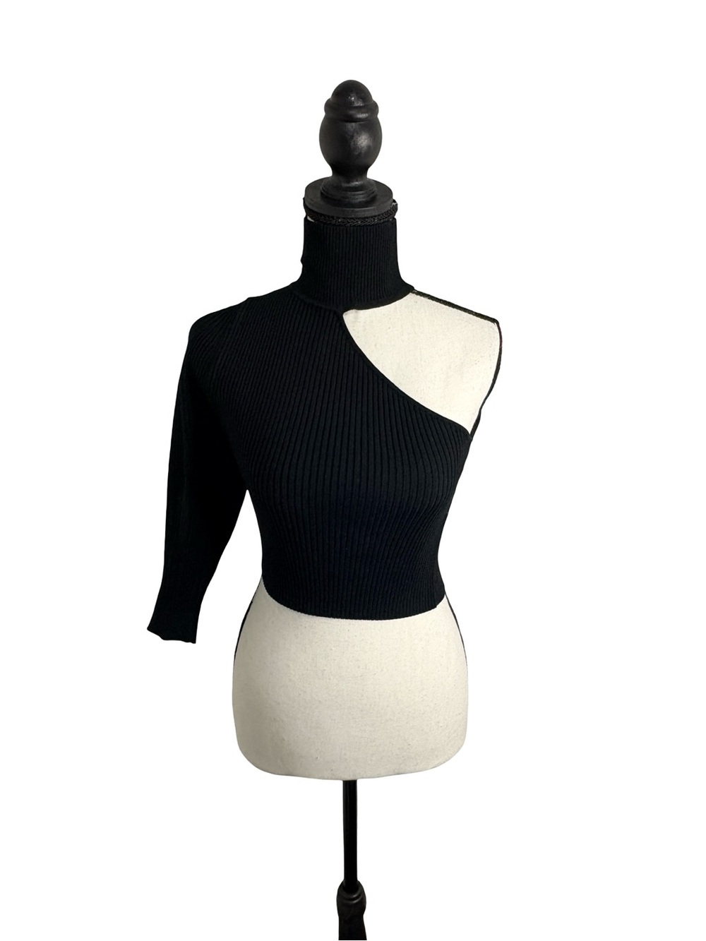 Zara Black Rib Knit Asymmetrical Cutout Crop Top Size S
